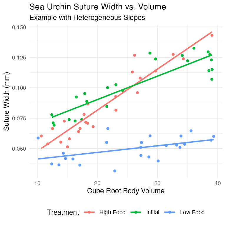 Scatterplot of sea urchin suture width against cube-root body volume, colored by treatment (Initial, Low Food, High Food), with a separate fitted regression line for each treatment showing clearly different slopes, illustrating a heterogeneous-slopes example where standard ANCOVA is invalid.