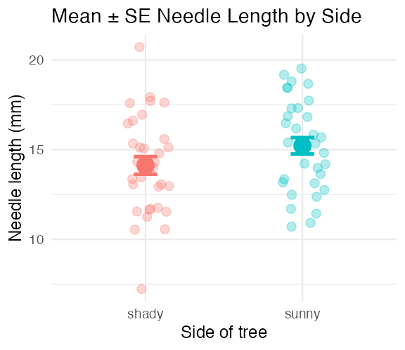 Scatterplot of jittered raw needle-length points by side of tree, with a large point marking the mean and an error bar showing ± 1 standard error for each side.