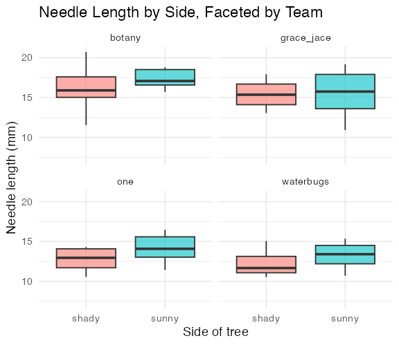 Boxplots of needle length by side of tree, faceted into a separate small panel for each field team, to compare whether the shady-vs-sunny pattern holds across teams.