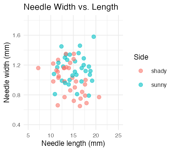 Scatterplot of needle width against needle length, colored by side of tree, with both axes set using coord_cartesian to x from 5 to 25 mm and y from 0.4 to 1.8 mm, a window that comfortably contains every point.
