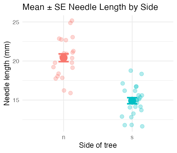 Scatterplot of jittered raw needle-length points by side of tree, with a large point marking the mean and an error bar showing ± 1 standard error for each side.