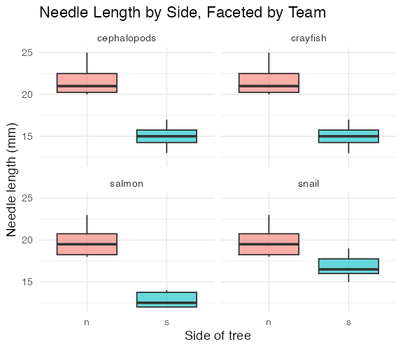 Boxplots of needle length by side of tree, faceted into a separate small panel for each field team, to compare whether the shady-vs-sunny pattern holds across teams.