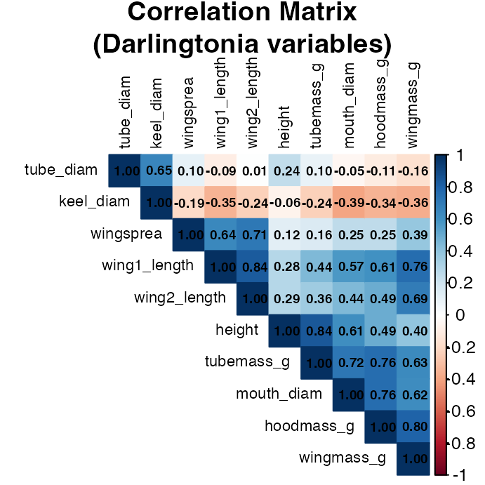 Correlation matrix heatmap of the 10 Darlingtonia morphology and biomass variables, colored and hierarchically clustered, with correlation coefficients printed in each cell, showing several strongly correlated variable clusters.