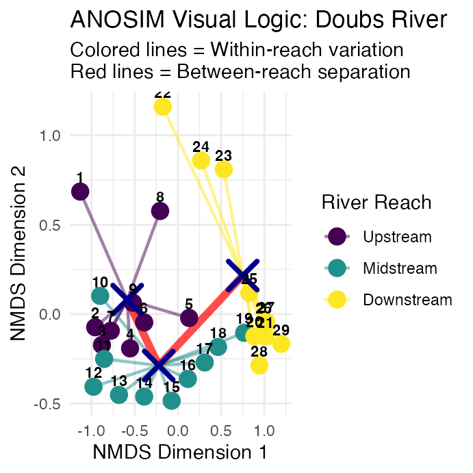 NMDS ordination plot with colored segments connecting each site to its river-reach centroid (within-group distances) and red lines connecting the reach centroids to each other (between-group distances), illustrating the logic ANOSIM tests.