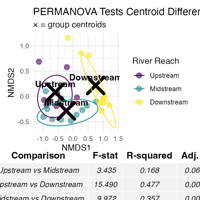 Combined figure: an NMDS plot with centroids and confidence ellipses by river reach on top, and a table of pairwise PERMANOVA comparison results (F-statistic, R-squared, adjusted p-value) below.