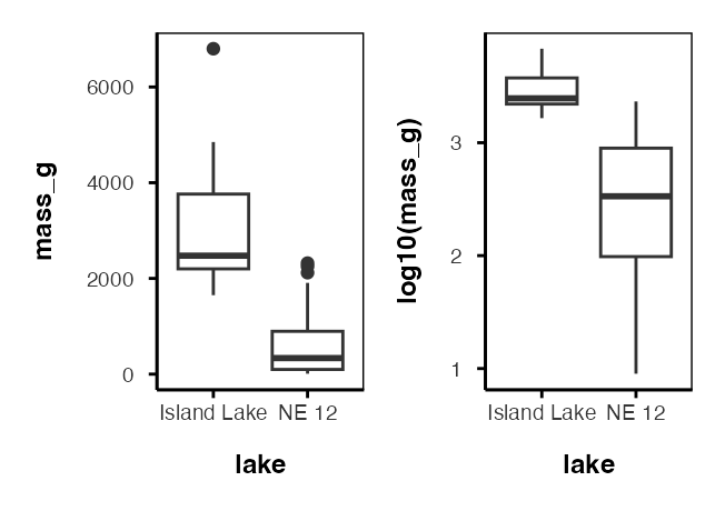 Side-by-side boxplots comparing raw trout mass to log10-transformed trout mass for Lake NE 12 and Island Lake, showing the log transformation narrowing the gap in spread between the two lakes.