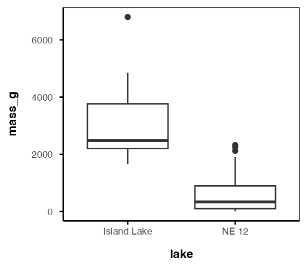 Boxplot comparing trout mass between Lake NE 12 and Island Lake, colored by lake, shown as context for the permutation test comparing means between the two groups.