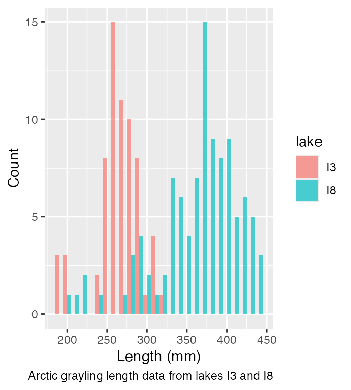 The dodged histogram of Arctic grayling length by lake, repeated as context for introducing probability distributions.