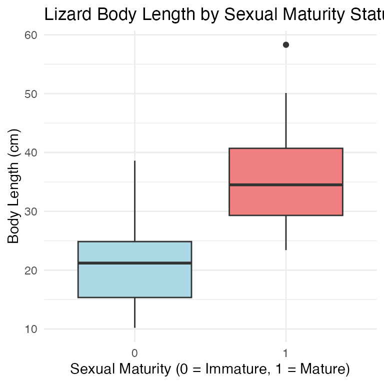 Boxplot of lizard body length in centimeters split by sexual maturity status (0 = immature, 1 = mature), showing mature lizards tend to be longer than immature ones but with overlap between the two groups.