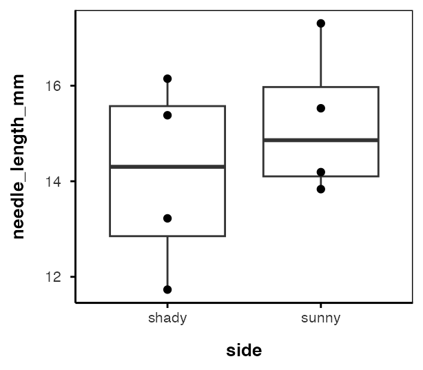 The boxplot with points of needle length by side of tree, repeated here as the outlier check before running the t-tests.