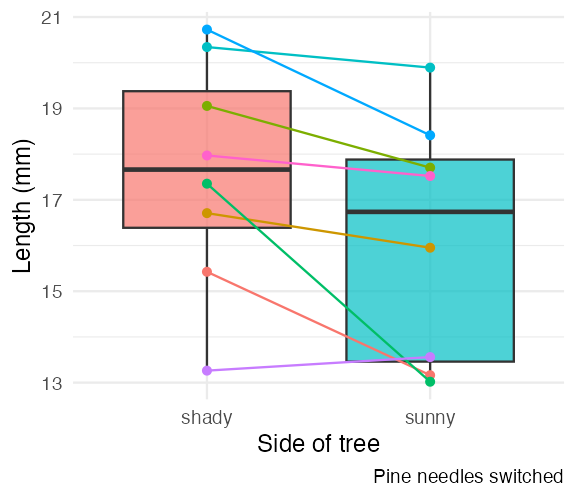 The needle length by side-of-tree boxplot with team lines, repeated to show within-tree variation alongside the consistent shady-vs-sunny trend across trees, motivating the paired t-test.