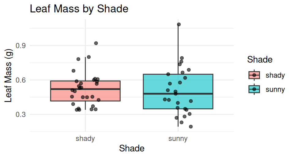 Boxplot of leaf mass in grams by shade, with jittered points overlaid, using default ggplot colors.