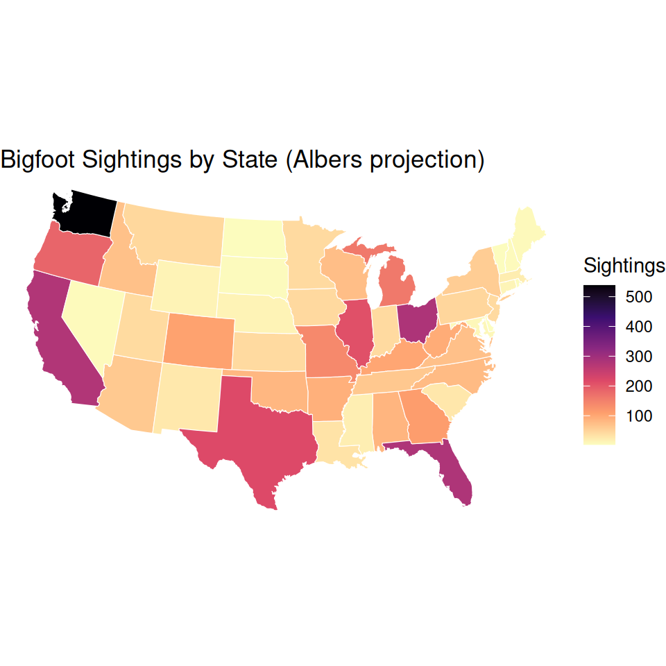 Choropleth map of US states shaded by Bigfoot sighting counts, redrawn in an Albers equal-area projection so the country appears in its familiar proportions.