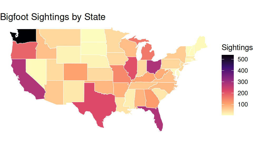 Choropleth map of US states shaded by number of Bigfoot sightings using a magma color scale, with darker states indicating more reports.