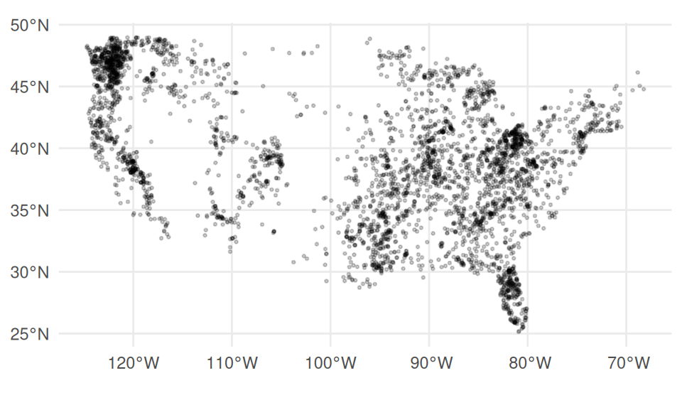 Scatter plot of Bigfoot sighting points by longitude and latitude with no basemap, the point cloud tracing the outline of the continental United States.