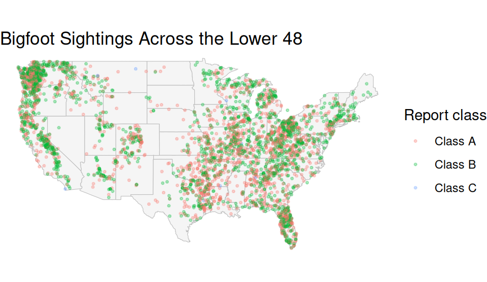 Map of the lower 48 US states with Bigfoot sighting points overlaid, colored by report classification, showing denser clusters in the Pacific Northwest.
