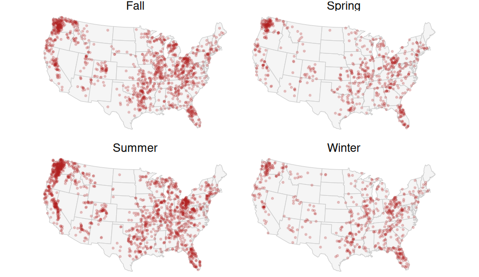 Four small maps of the lower 48 states, one per season, each showing Bigfoot sighting points in red, with summer showing the most reports.