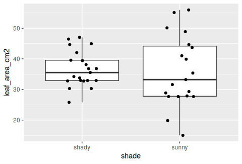 Box plot of predicted leaf area in square centimetres for shady and sunny leaves with the individual leaves jittered over the boxes. The two boxes overlap almost completely.