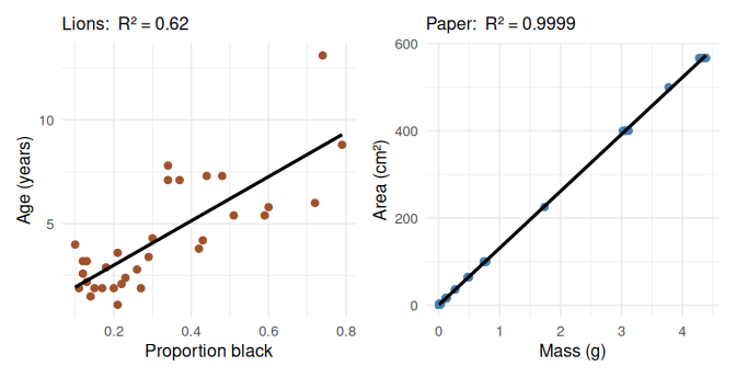 Two scatter plots side by side. Left: lion age against nose blackness with a fitted line and clearly scattered points, labelled R-squared equals 0.62. Right: paper area against paper mass with a fitted line and points sitting almost exactly on it, labelled R-squared equals 0.9999.