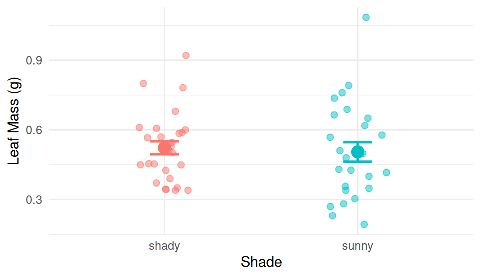 Jittered points of leaf mass in grams for shady and sunny sides, with a black point and error bar showing the mean plus or minus one standard error for each side; the two means sit close together with overlapping error bars.